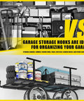 Comparison of cluttered garage and organized garage with Overhead Ceiling Hook Rack 4 Pack Heavy Duty Ceiling Mount Hangers.