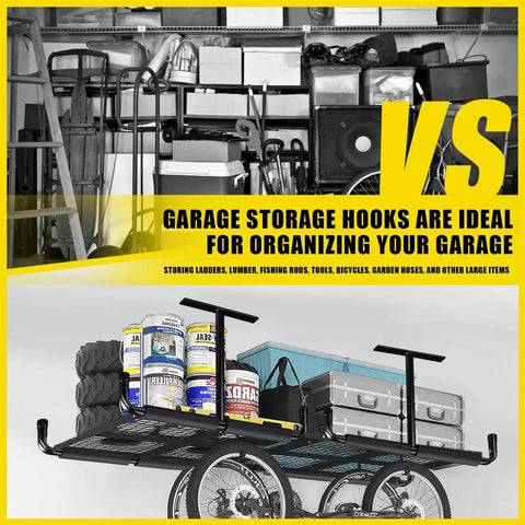 Comparison of cluttered garage and organized garage with Overhead Ceiling Hook Rack 4 Pack Heavy Duty Ceiling Mount Hangers.
