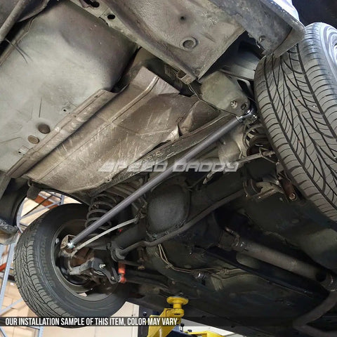 Beefy Blue Adjustable Panhard Track Bar And Lower Control Arm Kit For Fbody Camaro Firebird, installed view from beneath vehicle.
