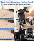 Tool-free adjustable nailing depth feature on Pro Grade 16 Gauge Finish Nailer Pneumatic Straight Nail Gun for DIYers.
