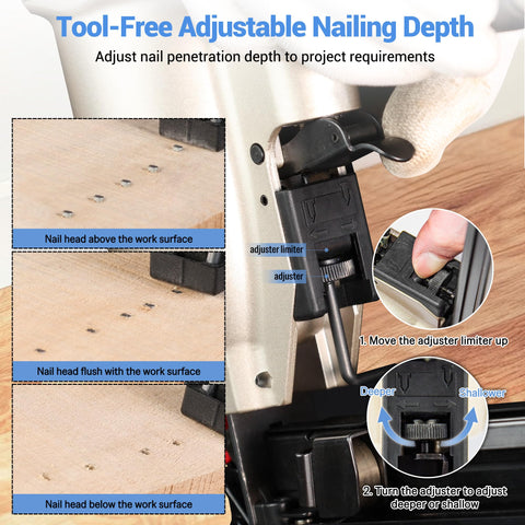 Tool-free adjustable nailing depth feature on Pro Grade 16 Gauge Finish Nailer Pneumatic Straight Nail Gun for DIYers.
