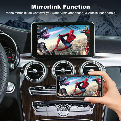 Mercedes Benz Wireless CarPlay Retrofit Kit Decoder Module For NTG5.0 NTG5.1 NTG5.2 Systems Fits GLA CLA C117 X117 X156 W205 2015 2018, Adds Wireless Android Auto, Reversing Camera, OEM Car Controls, Easy Plug In Installation No Fuss Setup installed on car dashboard showing phone mirroring feature.