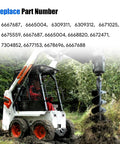 Bobcat skid steer loader drilling soil with auger attachment, part numbers listed for replacement components.