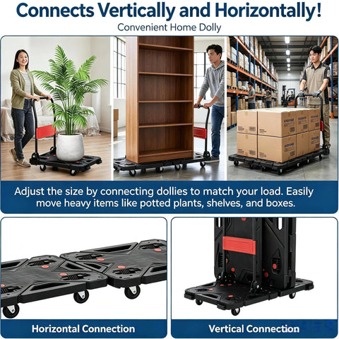 Heavy Duty Folding Hand Truck Dolly With Ergonomic Grip 330 Pound Capacity Rust Resistant Aluminum Frame Portable Moving Cart with potted plant and bookshelf.