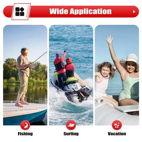 Image showing the wide application of boating with a Nazeaob 2 Stroke 18HP Outboard Motor for fishing, surfing, and vacation activities.