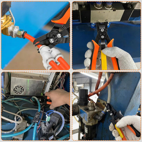 All In One Air Line Removal Tool Pliers For Push To Connect Fittings Quick Connect Pneumatic Release Pliers Three Eighths And One Half Inch Jaw Compatible With 10 mm And 12 mm Angled Head For Easy Access Automotive And Industrial Use in action