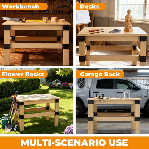 Heavy Duty Workbench Bracket Kit 12 Pc Three Way Right Angle Corner Braces For DIY Built To Last For Standard 2x4 Lumber in use