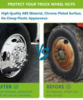 20 Pack Lug Nut Covers For Semi Trucks And Rigs 33mm By Two And One Half Inch Thread On Push On Caps ABS Plastic Anti Rust Chrome Gloss Finish Heat Resistant Waterproof Vehicle Maintenance Accessory, showing before and after comparison on truck wheels.