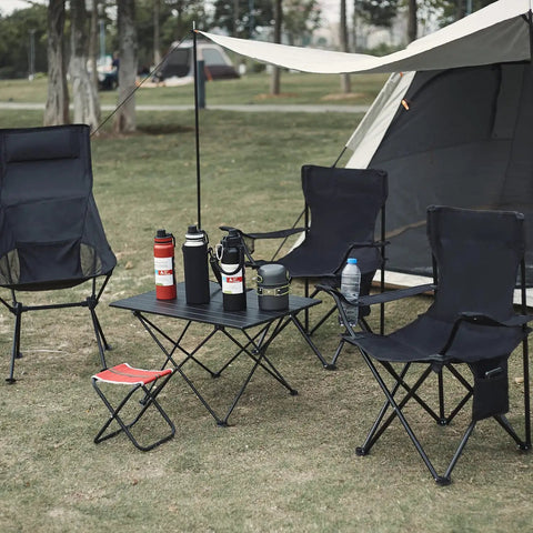 Camping site with Ultra Lightweight Folding Camping Chair With Carry Bag For Beach And Lawn Totally Portable And Easy To Carry Nine Pound Weight