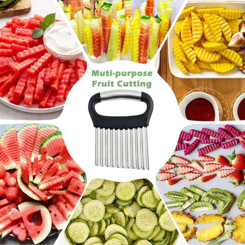 Front view of Suuker large crinkle cutter with black handle and metal blades, surrounded by assorted fruit and veggie slices
