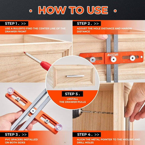 Pro-Grade Adjustable Cabinet Handle Template Tool With Alignment Hole Drill Guide For Knobs Handles And Pulls, Easy DIY Cabinet Installation Template, Precise Hole Locating For Drawer Fronts, Includes 2 Shims For Stable Recessed Fronts in use for drawer installation.