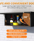 Metal Garage Wall Cabinet With Up Flip Door open to 90 degrees, showing interior with tools in a garage setting, black model.