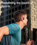 Next Level Open Ear Bone Conduction Bluetooth Sport Headphones In Black worn by a runner in a city, showcasing comfort and style.