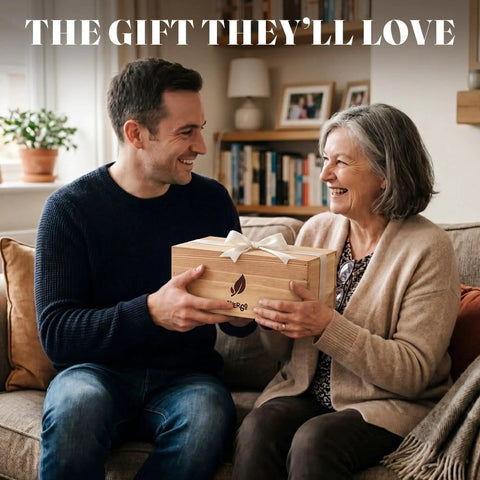 Man gifting woman a Wildflower Seed Mix Growing Kit With Perennial And Annual Flowers, Burlap Planters, in a wooden box.