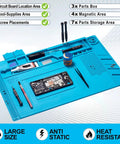Silicone Soldering Mat 17.7 X 11.8 Inches Large Pro Grade Heat Resistant Up To 932 Degrees Fahrenheit Magnetic Anti Static Electronics Work Mat For Phone, Laptop, Watch And Gadget Repair, Easy Clean Surface showing tools and components.