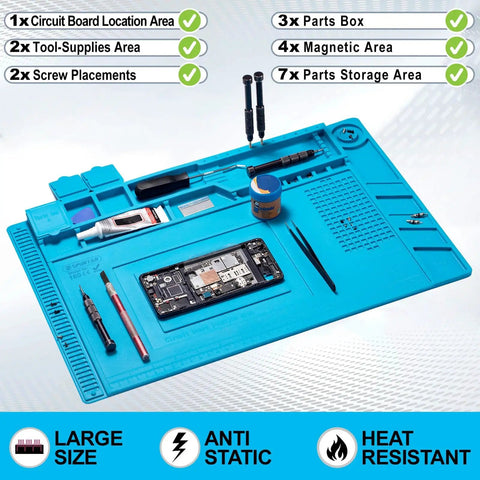 Silicone Soldering Mat 17.7 X 11.8 Inches Large Pro Grade Heat Resistant Up To 932 Degrees Fahrenheit Magnetic Anti Static Electronics Work Mat For Phone, Laptop, Watch And Gadget Repair, Easy Clean Surface showing tools and components.