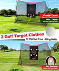10 By 7 Foot Golf Practice Net With 2 Targets Heavy Duty Hitting Net For Backyard Indoor Or Outdoor Driving Chipping And Swing Training Includes Training Mat Ideal Gift For Men Dad Golfer, showing net with targets and mat in a field.