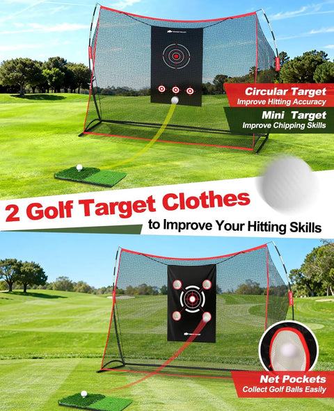 10 By 7 Foot Golf Practice Net With 2 Targets Heavy Duty Hitting Net For Backyard Indoor Or Outdoor Driving Chipping And Swing Training Includes Training Mat Ideal Gift For Men Dad Golfer, showing net with targets and mat in a field.