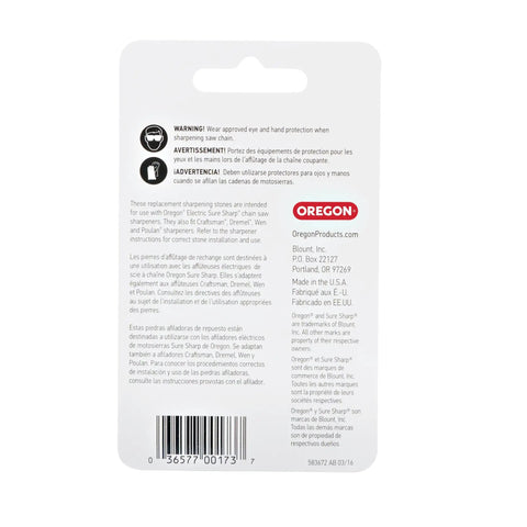 Back packaging of Replacement Seven Thirty Second Inch Sharpening Stones For Electric Chain Sharpener Triple Pack, detailed instructions.