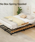 Rock Solid Full Size Bed Frame With Heavy Duty Steel Slat Support Ultra Low Profile Platform Design Ditch Box Spring Quick Setup Totally Noise Free And Built To Last showing mattress setup.