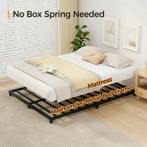 Rock Solid Full Size Bed Frame With Heavy Duty Steel Slat Support Ultra Low Profile Platform Design Ditch Box Spring Quick Setup Totally Noise Free And Built To Last showing mattress setup.