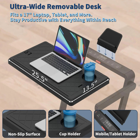Ultra-wide removable desk on 4 In 1 Foldable Walking Pad Treadmill With Incline And Remote Control Compact Under Desk Machine