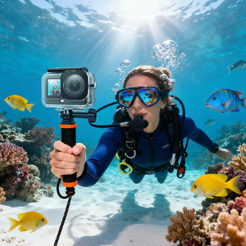 Diver with IPX8 Waterproof Dive Case For DJI Osmo Action 6, snorkeling among coral reefs, showcasing hard shell compact design.