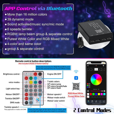 App and RF control features for Split 4 Color 12W Car Starlight Headliner Kit, with remote, smartphone app interface, RGBW options shown
