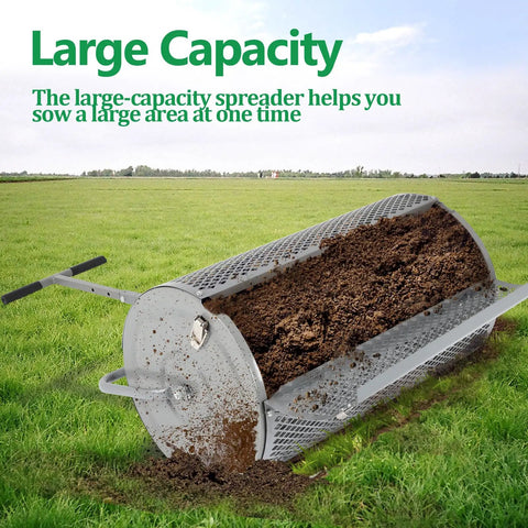 27 Inch Metal Roller Garden Spreader For Lawn And Topsoil With Adjustable Handle in use spreading soil on grass