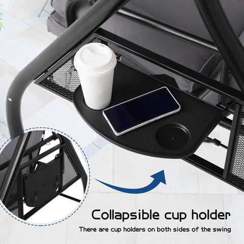Close-up of cup holder on Three Seat Patio Swing With Adjustable Canopy And Stand Heavy Duty Outdoor Porch Glider Bench