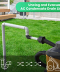 Universal Ac Drain Line Unclogger Tool And Hvac Pipe Cleaner Adapter attached to wet vacuum drain line on grass.