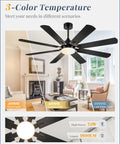 Huge 62 Inch Ceiling Fan With Lights Remote Control Black Modern Farmhouse Indoor Outdoor 8 Dual Finish Blades Walnut And Black Quiet DC Motor Bright LED Light showcasing 3-color temperature settings in a living room