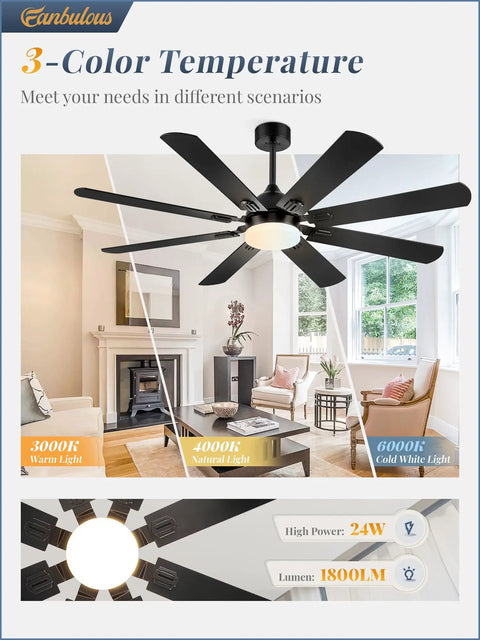 Huge 62 Inch Ceiling Fan With Lights Remote Control Black Modern Farmhouse Indoor Outdoor 8 Dual Finish Blades Walnut And Black Quiet DC Motor Bright LED Light showcasing 3-color temperature settings in a living room