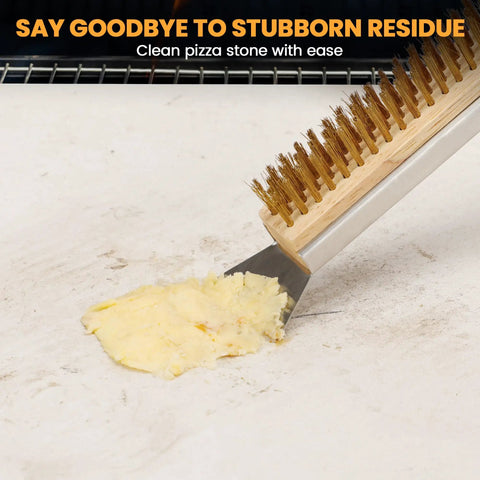 21 Inch Pizza Brush With Brass Bristles And Stone Scraper Wood Handle With Hanging Ring For Outdoor Pizza Oven Cleaning Grime Busting Safe On Stone Surfaces Compatible With Ooni Gozney Blackstone And Solo Stove Ovens cleaning pizza stone
