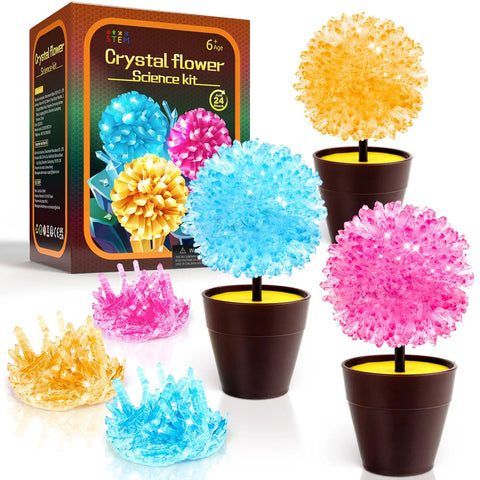 Colorful crystal flowers in pots from Crystal Growing Kit For Kids 8 To 12, Fast 24 Hour Science Lab Toys Set For STEM Learning.