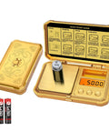 Pocket Digital Gram Scale 300g Capacity With 0.01g Precision in gold case with skull gear dragon motif, open with 50g weight
