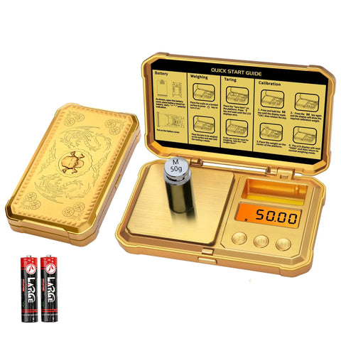 Pocket Digital Gram Scale 300g Capacity With 0.01g Precision in gold case with skull gear dragon motif, open with 50g weight