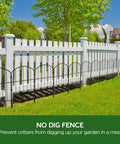 Garden Fence Set No Dig Rustproof Metal Panels, 10 Ft Long By 24 In High Black Fence Barrier in front of white picket fence