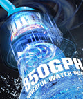 Close-up of 850 GPH upgraded pool cover pump with LED lights, showcasing water flow and design features for pool draining.
