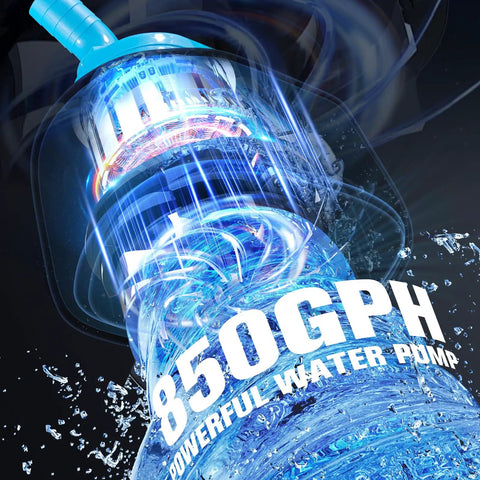 Close-up of 850 GPH upgraded pool cover pump with LED lights, showcasing water flow and design features for pool draining.