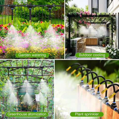200 Ft Drip Irrigation System Kit All In One With 1 Quarter Inch Tubing And 32 Adjustable Copper Nozzles in use outdoors