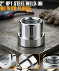 Heavy Duty Steel Weld On Bung With Half Inch Npt Female Thread And Stepped Flange for welding on a steel surface, showing details.