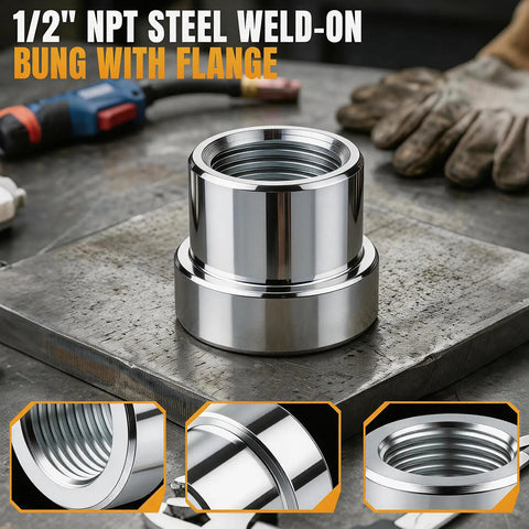 Heavy Duty Steel Weld On Bung With Half Inch Npt Female Thread And Stepped Flange for welding on a steel surface, showing details.