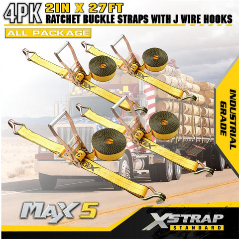 4 Pack 2 Inch By 27 Foot Heavy Duty Ratchet Tie Down Straps With Double J Hooks, 10,000 Lbs Break Strength, on truck