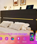Queen Bed Frame With Smart App Controlled RGB LED Lights, Dual Wireless Charging Dock, Built In Storage Shelf, Modern Bedroom Furniture For A Clean Setup And Dope Vibe Upgrade, featuring adjustable RGB LED headboard and devices charging.