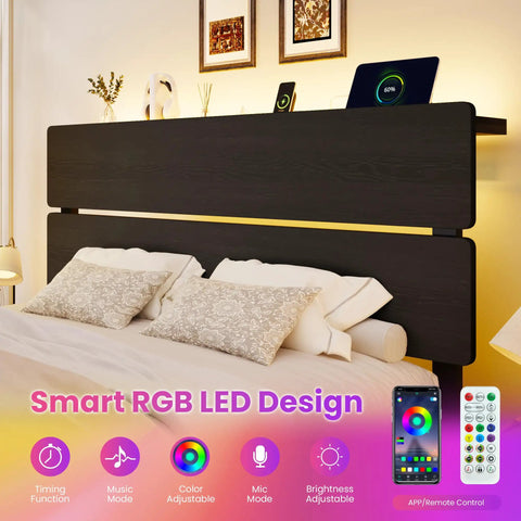Queen Bed Frame With Smart App Controlled RGB LED Lights, Dual Wireless Charging Dock, Built In Storage Shelf, Modern Bedroom Furniture For A Clean Setup And Dope Vibe Upgrade, featuring adjustable RGB LED headboard and devices charging.
