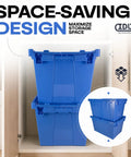 14 Gallon Industrial Plastic Tote Hinged Flip Lid stacked in cupboard for garage workshop organization.