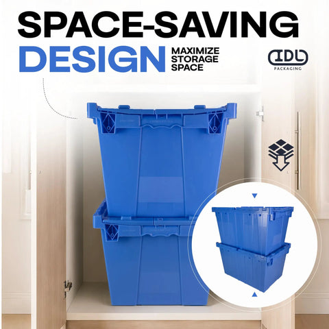 14 Gallon Industrial Plastic Tote Hinged Flip Lid stacked in cupboard for garage workshop organization.