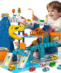 Child playing with Dinosaur Race Car Tracks For Toddlers And Kids Aged 3 To 8 With Dinosaur Climbing Hills And Ramps Includes 7 Small Cars Map And Stickers The Ultimate Car Track Play Set For Birthday Gifts And Kid Approved Imaginative Fun.