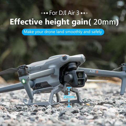 Landing Gear For DJI Air 3 And Air 3S, Foldable Extended Quick Release Drone Protector shown on Air 3 on rocky surface